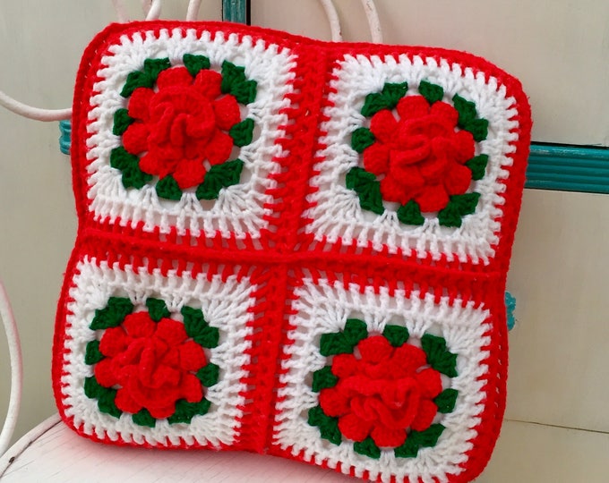 Vintage Afghan Throw Pillow, Vintage Rose Pillow, Vintage Granny Square Pillow, Vintage Bed Pillow, Vintage Decorative Pillow
