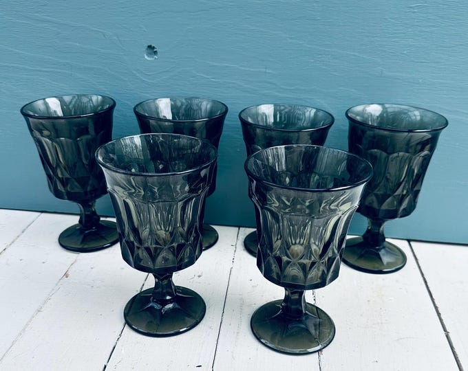 Vintage Noritake Perspective Smoky Drinking Glasses Set of Six Black Water Glasses Footed Glass Goblets Vintage Barware Retro Drinkware