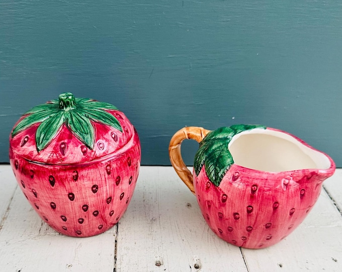 Vintage Cemar California Pottery Strawberry Sugar and Creamer Set Vintage Strawberry Kitchen Accessories