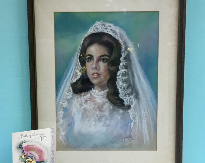 Vintage Bridal Portrait, Framed Pastel Painting, Romantic Cottage Wall Art, 1960s Bride Artwork