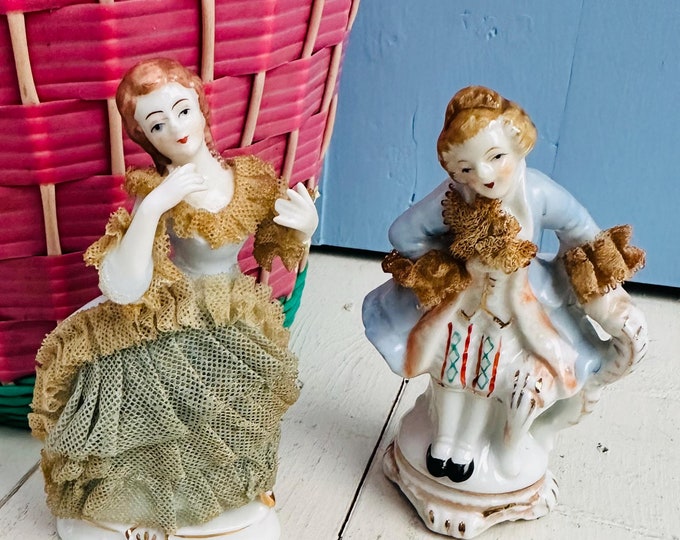 Vintage Dresden Figurines Set of Two Dresden Victorian Couple Dresden Meissen German Figurine Pair Antique Victorian Lady and Gentleman
