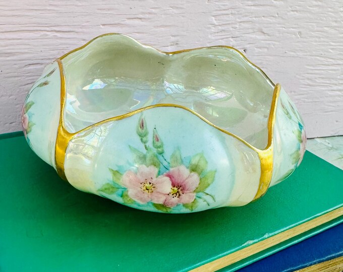 Vintage 1960s Hand-Painted Porcelain Decorative Bowl with Rose Floral Pattern and Gold Trim
