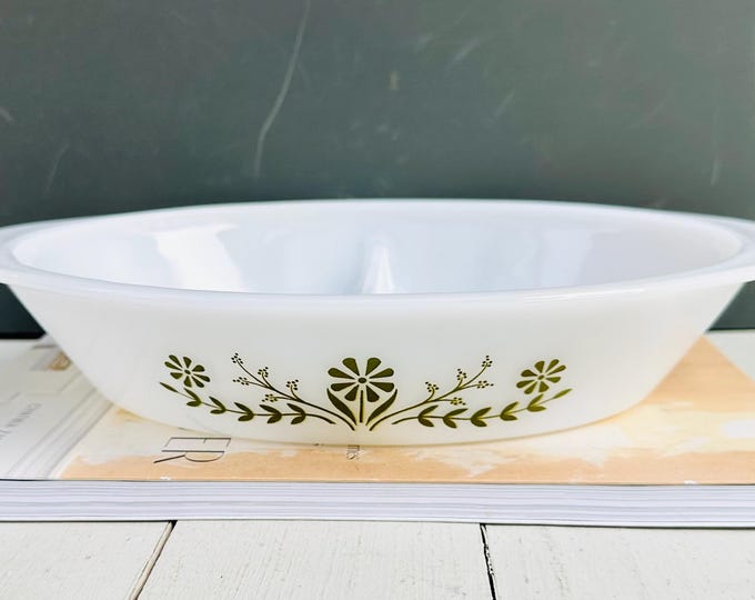 Vintage Glasbake J2352 Divided Casserole Dish with Green Floral Pattern