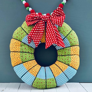 ヴィンテージ クリスマス リース ファブリック パッチワーク クリスマス リース 枕 クリスマス リース 大型 19 インチ クリスマス ポーチ 装飾 屋外 クリスマス デコレーション