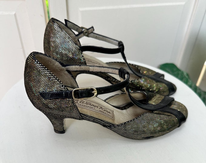 Vintage 70s Werner Kern Pumps Italian Salsa Shoes Dancing Heels Gold Iridescent Pumps T-Strap Heels Disco Shoes Glitter Dance Pumps Prom