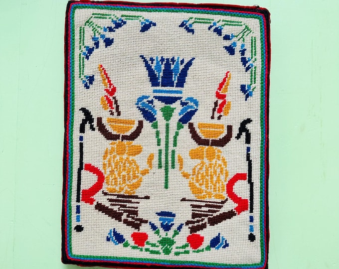 Vintage 60s Family Crest Crewel Embroidery Wall Hanging Crest Wall Decor Needlepoint Fiber Arts Family Crest Lions Picture Colorful