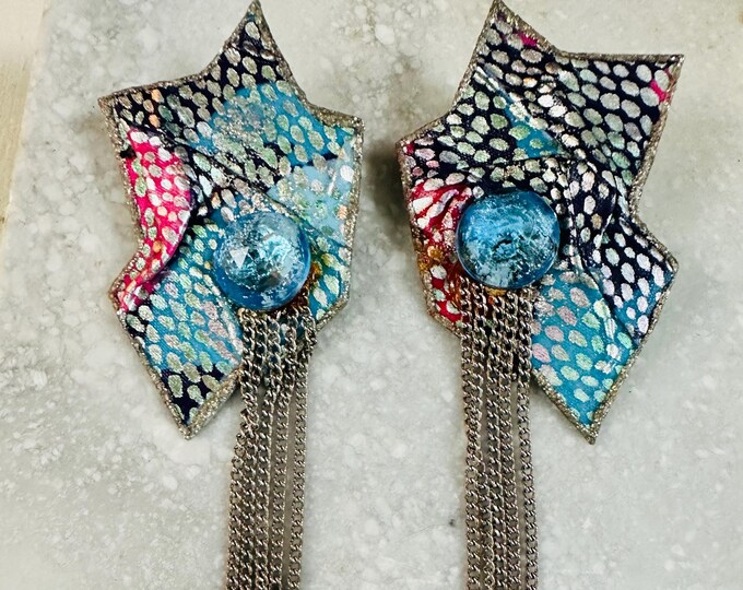 Vintage 1980s Earrings Statement Earrings Stars Chain Folk Art Handmade One of a Kind Earrings Unique Vintage Earrings 80s Prom Earrings