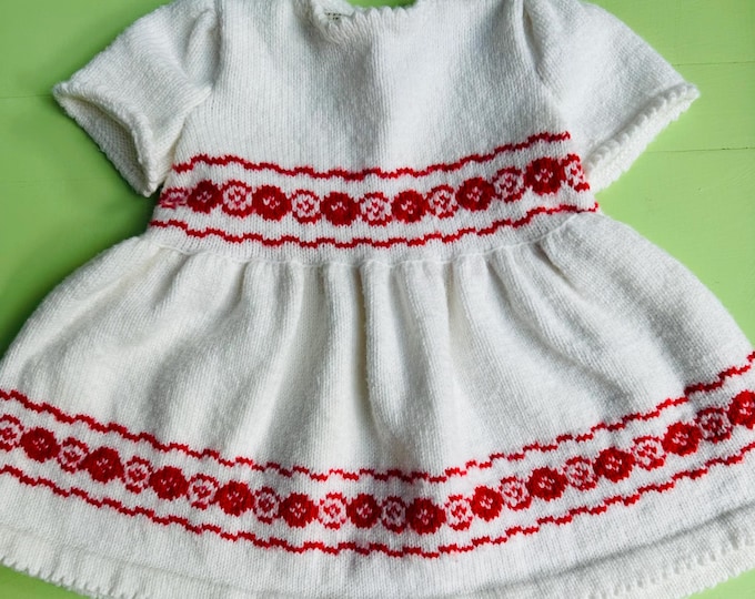 Vintage Hand Knitted Toddler Dress, Red White Dress, Toddler size 2T, Vintage Christmas Dress, Vintage Sweater Dress, Norwegian Style Dress