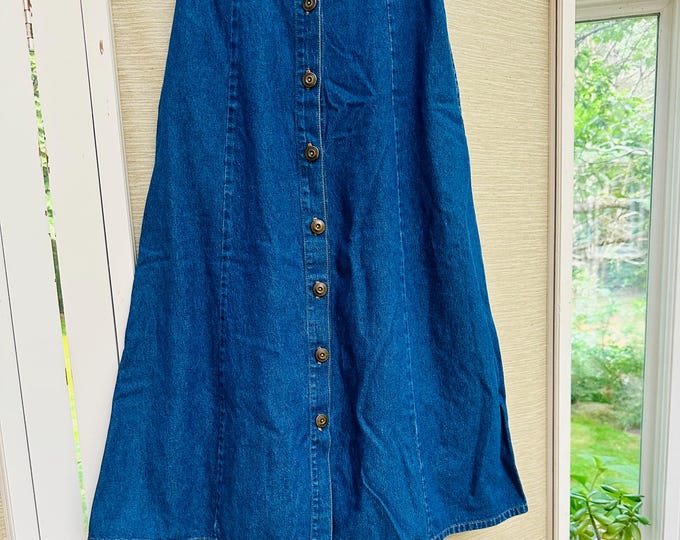 Vintage 80s Midi Jean Skirt, Front Buttons Long Denim Skirt, Women's Size Small, Dark Wash Denim Skirt, Peasant Style Skirt