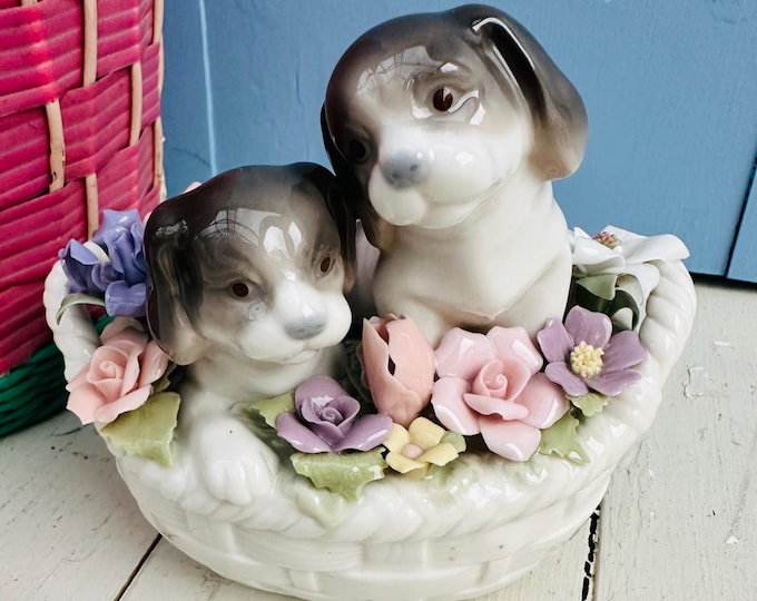 Vintage Puppies in a Basket Music Box Figurine San Francisco Music Box Co Dogs Music Box "You've Got a Friend" James Taylor Dog Lover Gift
