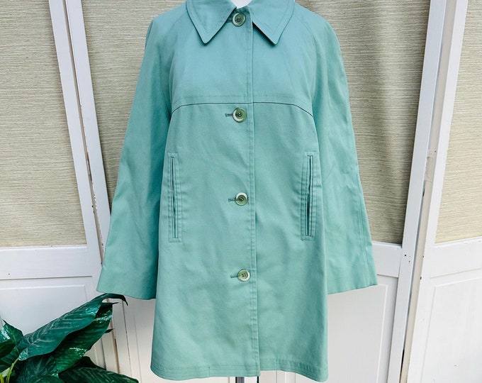 Vintage 60s Misty Harbor Jacket Aqua Blue Women's Size L 14 Water Resistant All Weather Trench Coat Mod Style