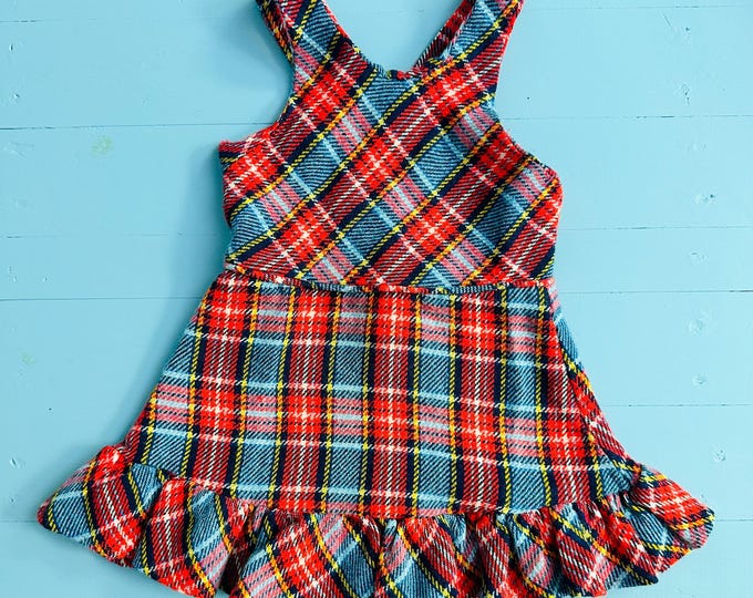 Vintage 1960s Baby Dress, Size 12-18 months, Vintage Plaid Bib Dress, Vintage Pinafore Dress, Red and Blue Plaid Baby Dress