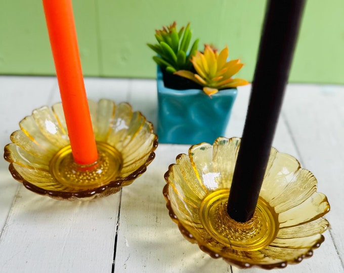 Vintage Anchor Hocking Amber Glass Candlestick Holder Set of Two Pair Sunflower Glass Candlestick Set Vintage Brown Glass Candle Holders
