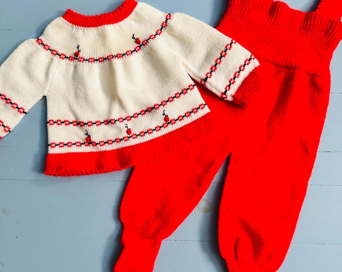 Vintage Hand-knit Baby Sweater and Overall Set, Size 6-9 months, Retro Style Outfit, Red White Holiday Outfit, Nordic Style Vintage Baby