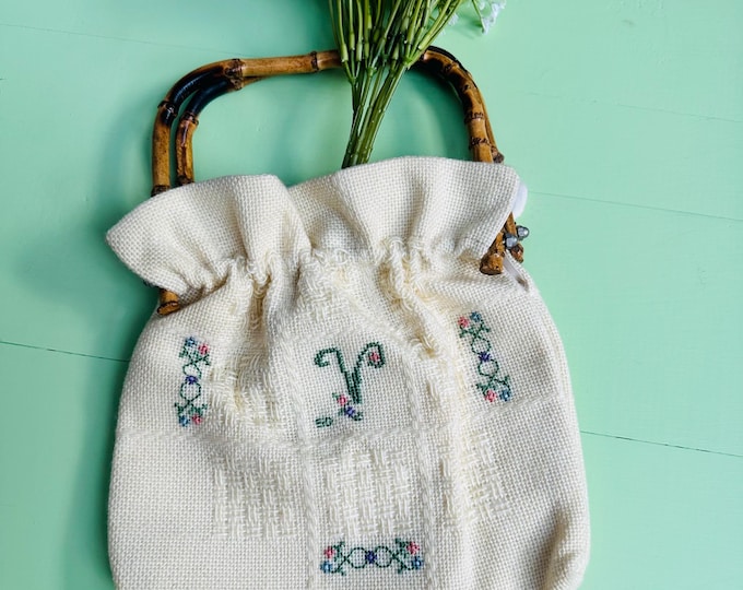 Vintage Mid Century Embroidered Handbag with Bamboo Handles, Cross Stitch Purse, Cottage Core Bag, Floral Handbag, Embroidered Flowers