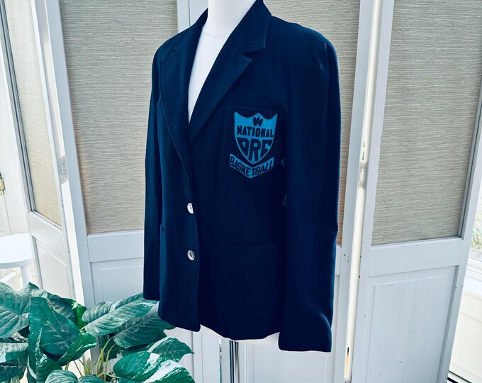 Vintage 1950s Basketball Blazer School Varsity Blazer Crest W National ORC Navy Wool Women's Size Small Men's Size XS Sylvia Putziger