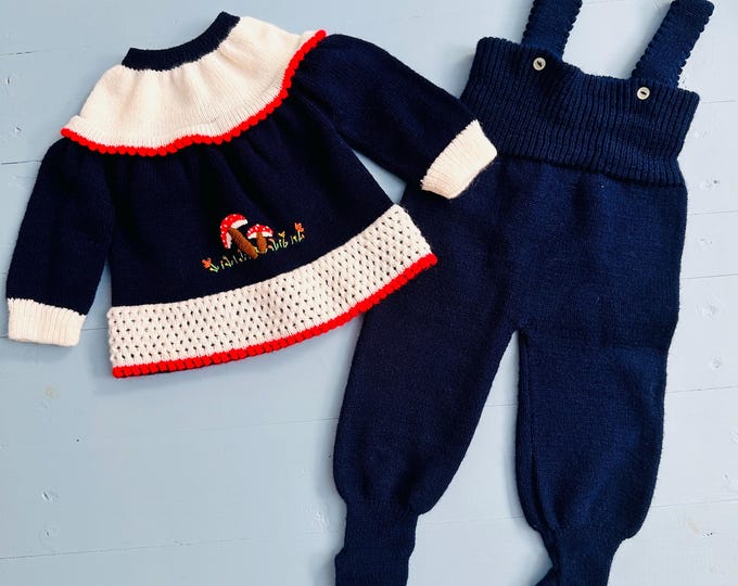 Vintage Baby Hand-Knit Sweater and Overall Set, Mushroom and Flower Embroidery, Baby size 3 to 6 months, Retro Sweater Set, Baby Gift