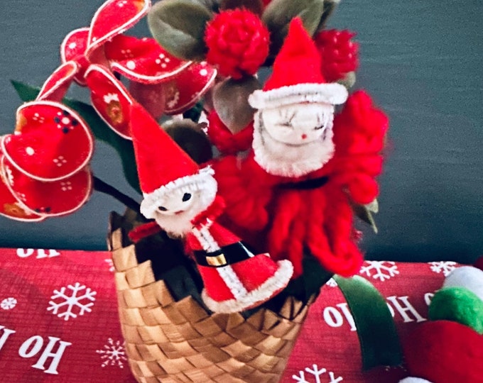 Vintage Christmas Pixies Spun Cotton Pixies in a Basket Santa Pixies Mid Century Christmas Decor Kitschy Christmas Flower Basket