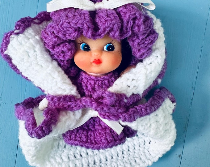 Vintage 1960s Sweet Susie Doll with Crocheted Outfit Doll with Mushroom Hat Black Hair Blue Eyes 5 inch doll collectible dime store toy