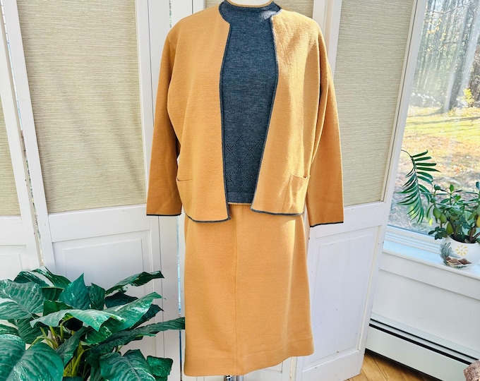 Vintage 60s Palio Three Piece Wool Sweater Suit Women's Italian Wool Suit Size 14 Camel and Gray 1960s Secretary Suit