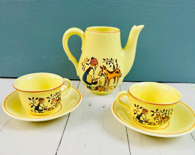 Rare 1940s Schramberg Children's Tea Set, German Tea Set, Little Girl with Dog, Antique Tea Set