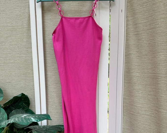 Vintage 90s Pink Ribbed Dress, Plastic Chain Straps, 1990s Long Fitted Dress, 90s Ribbed Maxi Dress, Candy Pink Dress, Grunge Dress, Size M
