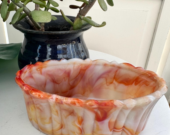 Vintage MCM Akro Agate Small Planter Swirled Orange Ribbed Glass Candy Dish