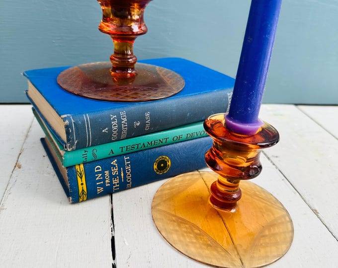 Vintage Fosteria Depression Glass Amber Candlestick Pair Etched Glass with Floral Design