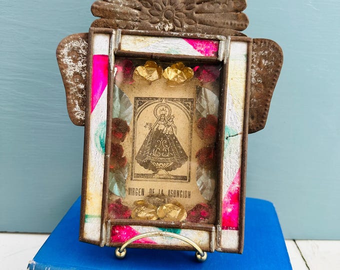 Vintage 1950s Tin Nicho Virgin Mary and Christ Child Prayer Card, Guatemalan Folk Art Antique Religious Shire Saint Alter Figure
