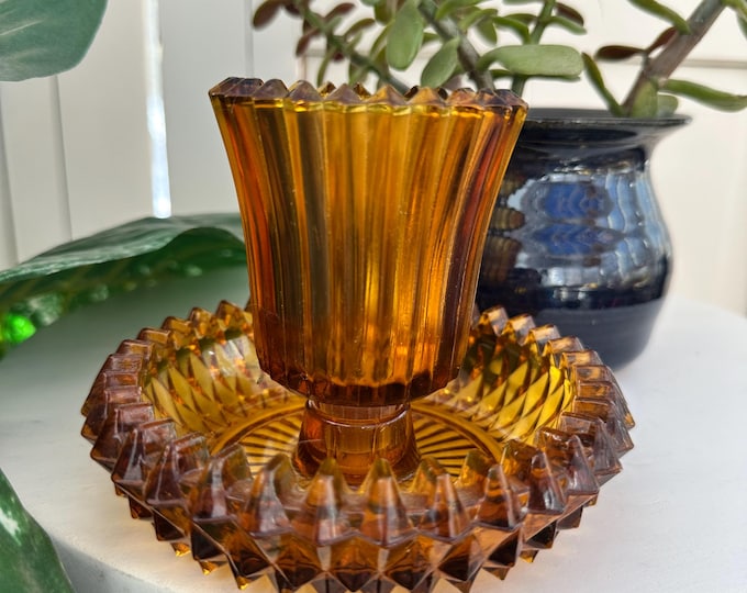 Vintage Mid Century Amber Candleholder Indiana Pressed Glass Candleholder Ridged