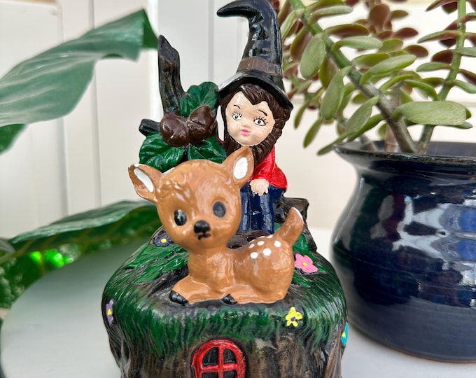 Vintage 1970s Gnome Music Box and Woodland Animal Decor Ceramic Fairy Decor