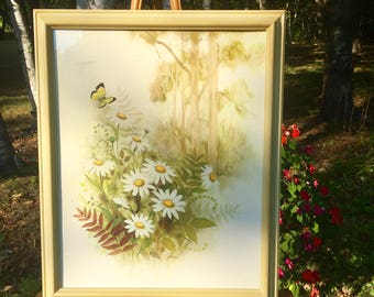Lámina vintage enmarcada con margaritas, arte de pared floral de bosque grande, decoración estilo cottagecore con mariposas, 23,5 x 18