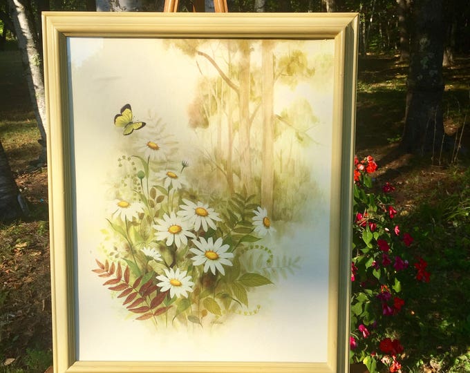 Vintage "Splendor of Nature" Picture, Floral Print Framed Daisy Wall Art Cottage Decor Butterfly Garden Artwork