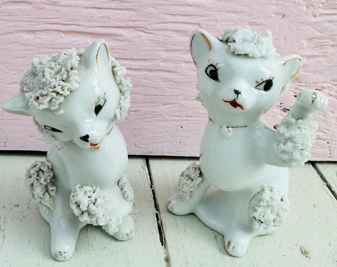 Vintage Mid Century Spaghetti Cats Pair Japan 1950s White Cat Figurines MCM Kitten Decor