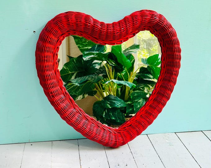 Vintage Red Wicker Heart Mirror 1970s Rattan Wall Mirror Boho Cottagecore Valentine Decor