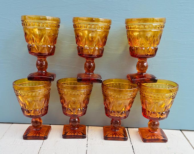 Vintage Indiana Glass Amber Park Lane Stemmed Cordial Drinking Glasses Set of Seven Water Glasses Pedestal Goblets Barware Retro Drinkware