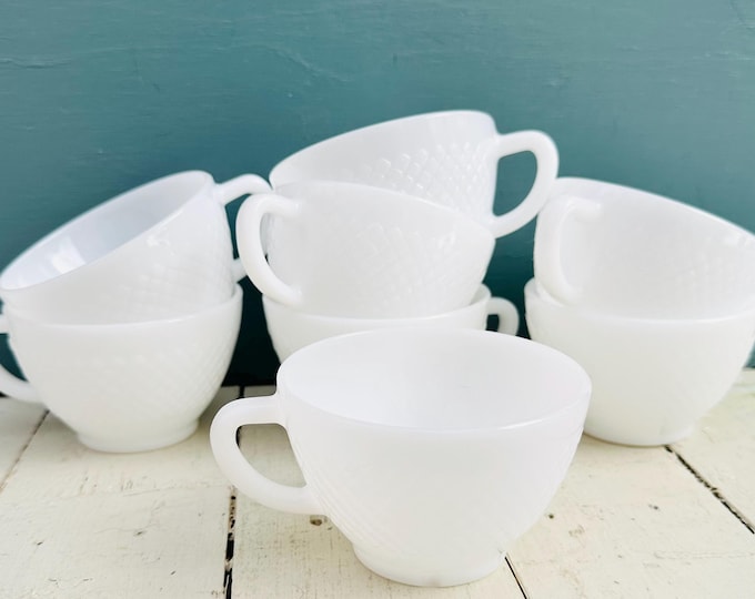 Vintage Federal Glass Coffee Cups, Set of Eight, White Milk Glass Tea Cups with Diamond Cut Details