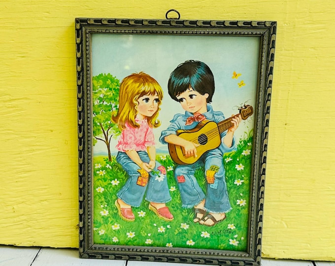 Vintage W.M. Otto Framed Lithograph Print Retro Big Eye Children Art 1970s Kitsch Wall Decor Boy Guitar Girl Daisy Print