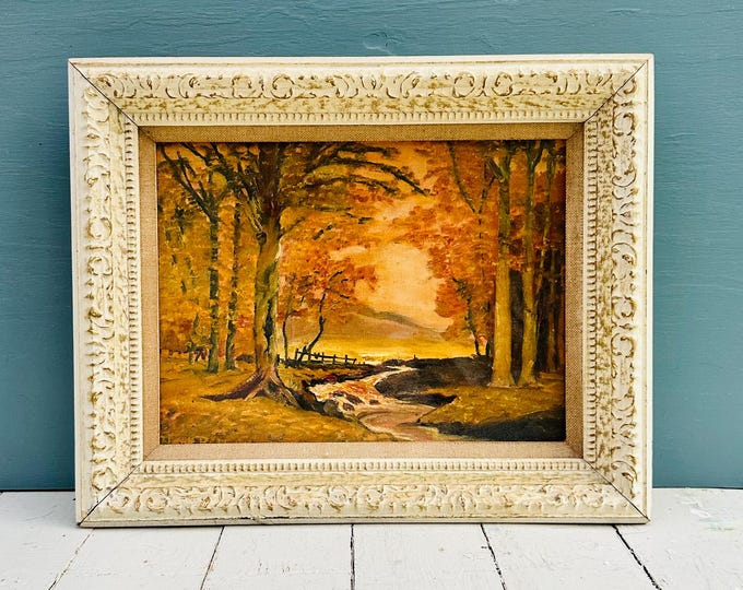 Vintage Original Oil Painting Autumn Landscape Framed Cottagecore Woodland Wall Art