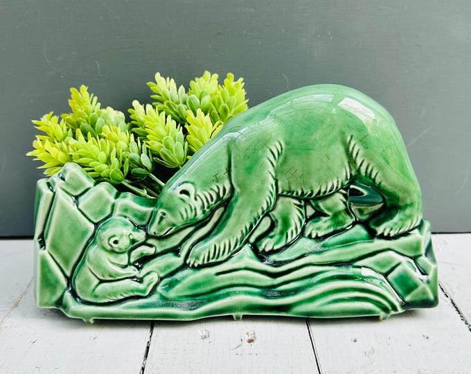 Vintage Rare Green Polar Bear Planter Art Deco Ceramic Animal Planter Mid Century Pottery