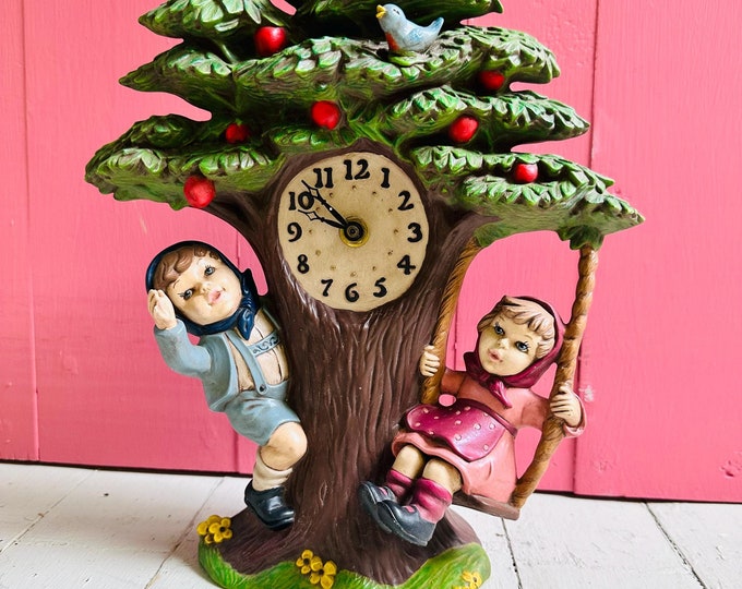 Vintage Ceramic Tree Clock with Hummel Goebel Style Children, Vintage Children's Clock, Vintage Kids Bookshelf Decor, Vintage Mantle Clock