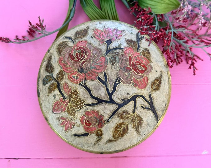Vintage 1970s Brass Enamel Rose Pattern Box, Vintage Brass Trinket Box, 70s Brass Box, Vintage Brass Rose Box, Vintage Vanity Box