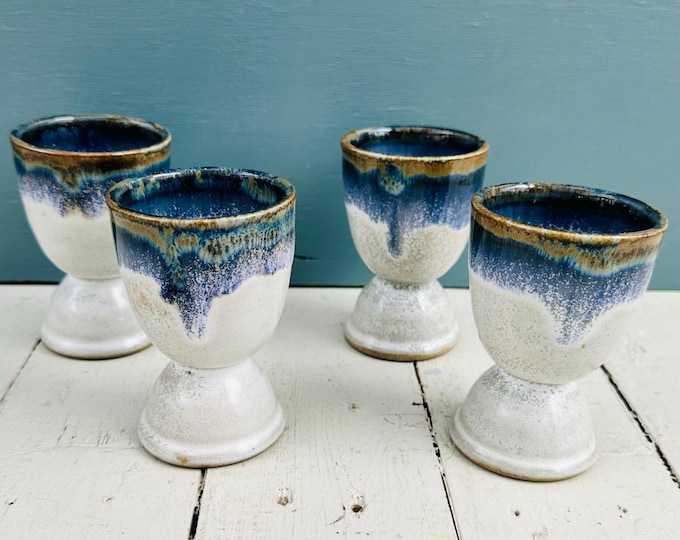 Vintage 1970s Ceramic Egg Cups Handmade Studio Art Pottery Cups Drip Glaze