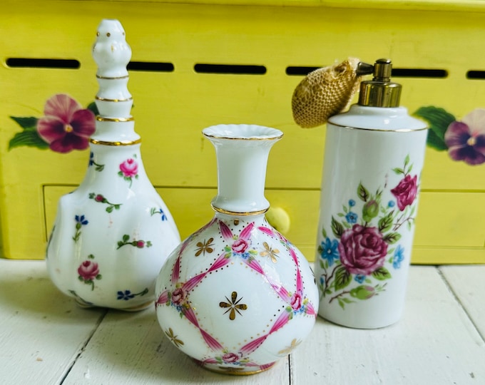 Vintage Trio of Vanity Jars, Vintage Nantucket Vanity Jar, Vintage Atomizer, Vintage Floral Bathroom Decor, Vintage Perfume Jars