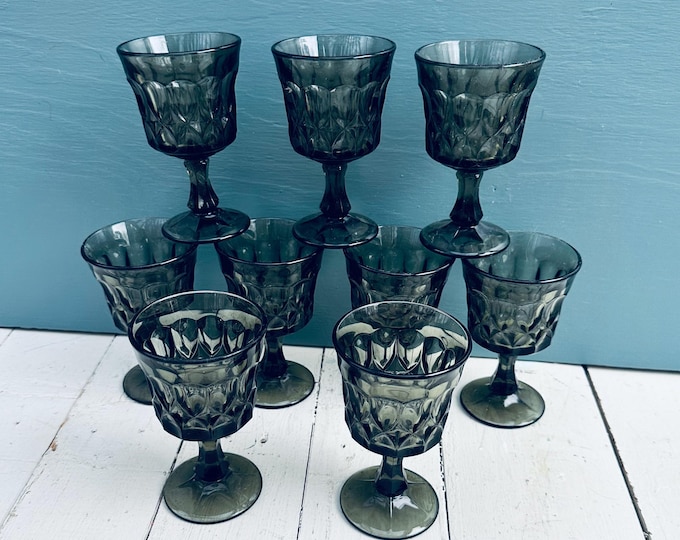 Vintage Noritake Perspective Smoky Drinking Glasses Set of Nine Black Small Water Glasses Footed Goblets Vintage Barware Retro Drinkware
