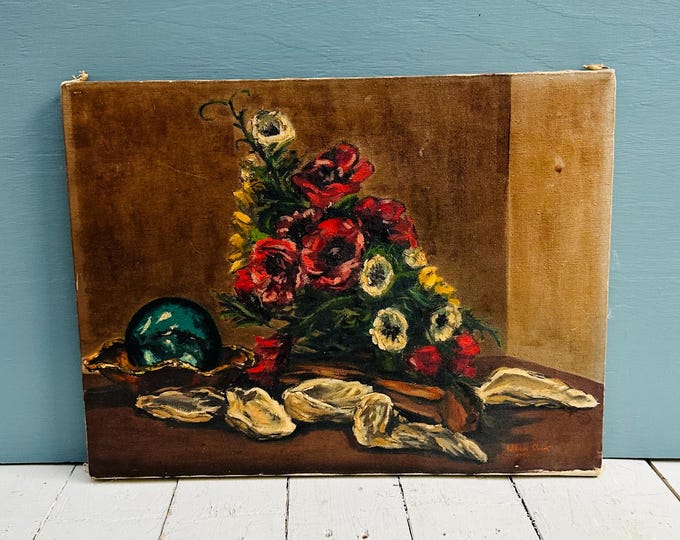 Vintage 1960s Still Life Oil Painting, Floral and Shells, Moody Brown Tones, Signed 1963 original art