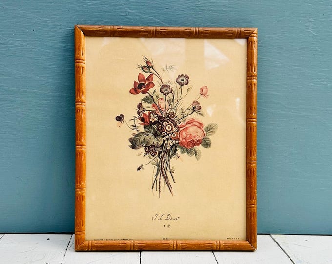 Vintage Framed Floral Print Cottagecore Botanical Wall Art Bamboo Style Frame