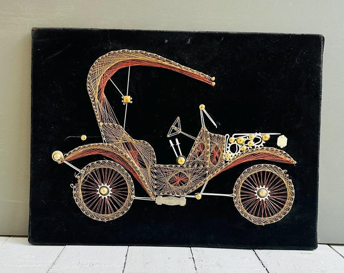 Vintage 1970s String Art Antique Car Wall Art | Retro Nail & Thread Sculpture | Mid Century Fiber Art Decor