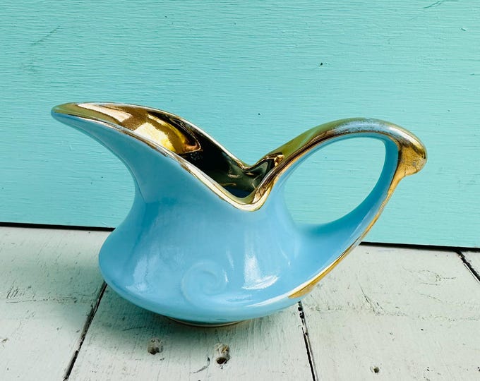 Vintage Pearl China Blue & Gold Ceramic Creamer | Mid Century Modern Atomic Pitcher | MCM Gold Trim Serveware