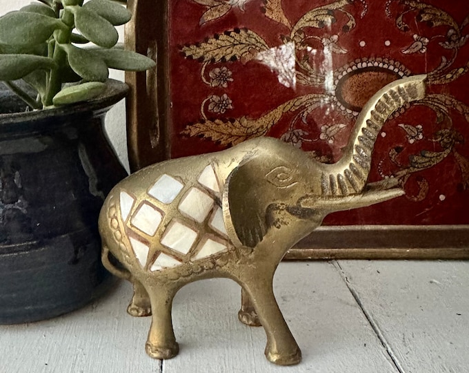 Vintage Small Brass Elephant with Mother of Pearl Inlay, Mid Century Decor, Brass Animal, Brass Decor